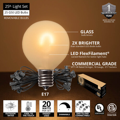 25' Warm White FlexFilament TM Satin LED Patio String Light Set with 25 G50 Bulbs on Black Wire, E17 Base