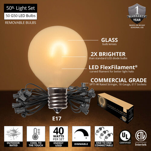 50' Warm White FlexFilament TM Satin LED Patio String Light Set with 50 G50 Bulbs on Black Wire, E17 Base
