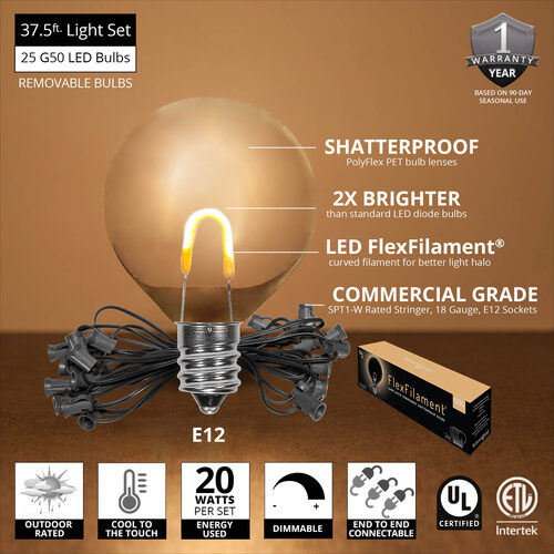 37' Warm White FlexFilament TM Shatterproof LED Patio String Light Set with 25 G50 Bulbs on Black Wire, E12 Base