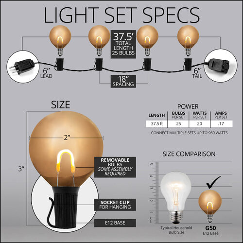 37' Warm White FlexFilament TM Shatterproof LED Patio String Light Set with 25 G50 Bulbs on Black Wire, E12 Base