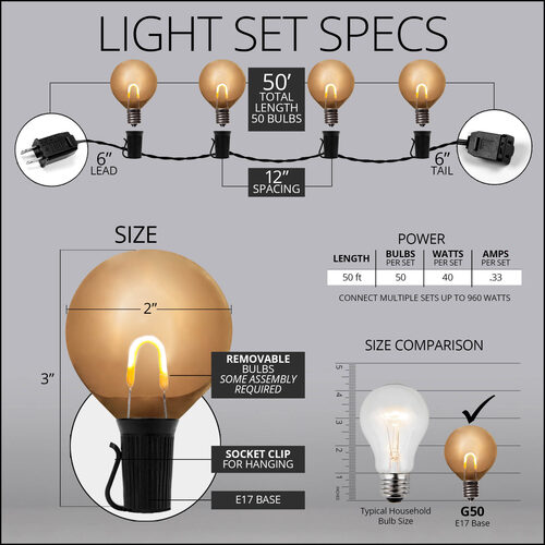 50' Warm White FlexFilament TM Shatterproof LED Patio String Light Set with 50 G50 Bulbs on Black Wire, E17 Base