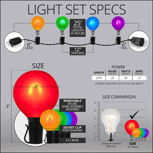 25' Multicolor FlexFilament TM Satin LED Patio String Light Set with 25 G50 Bulbs on Black Wire, E12 Base