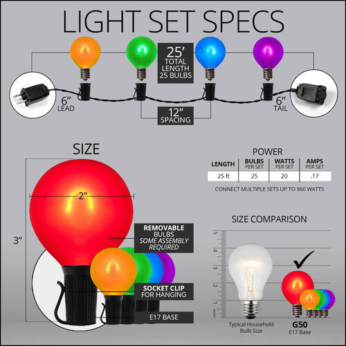 25' Multicolor FlexFilament TM Satin LED Patio String Light Set with 25 G50 Bulbs on Black Wire, E17 Base