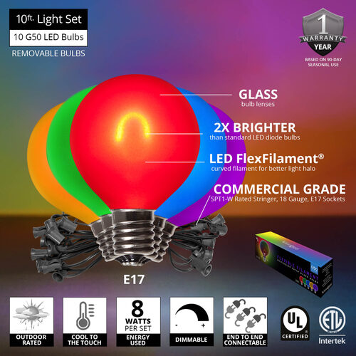 10' Multicolor FlexFilament TM Satin LED Patio String Light Set with 10 G50 Bulbs on Black Wire, E17 Base