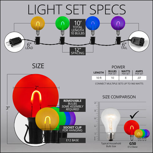10' Multicolor FlexFilament TM Shatterproof LED Patio String Light Set with 10 G50 Bulbs on Black Wire, E12 Base