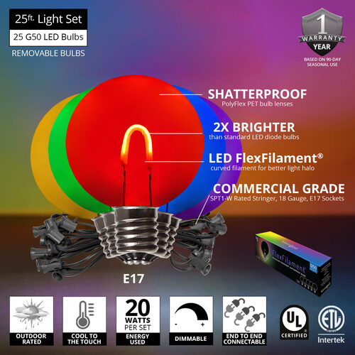 25' Multicolor FlexFilament TM Shatterproof LED Patio String Light Set with 25 G50 Bulbs on Black Wire, E17 Base