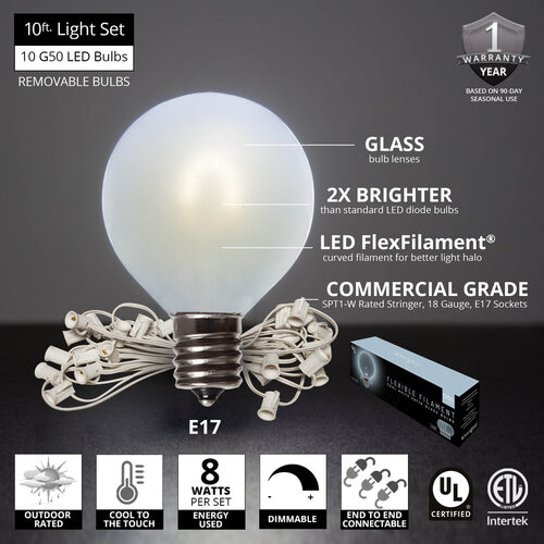 10' Cool White FlexFilament TM Satin LED Patio String Light Set with 10 G50 Bulbs on White Wire, E17 Base
