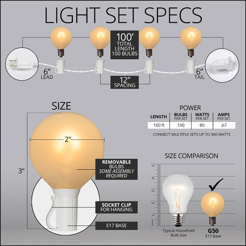100' FlexFilament TM Satin Glass LED Patio String Light Set with 100 G50 Warm White Lights, E17 - Intermediate Base, 12 Inch Spacing