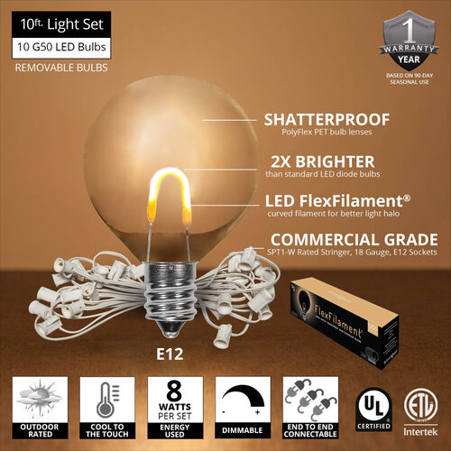 10' Warm White FlexFilament TM Shatterproof LED Patio String Light Set with 10 G50 Bulbs on White Wire, E12 Base