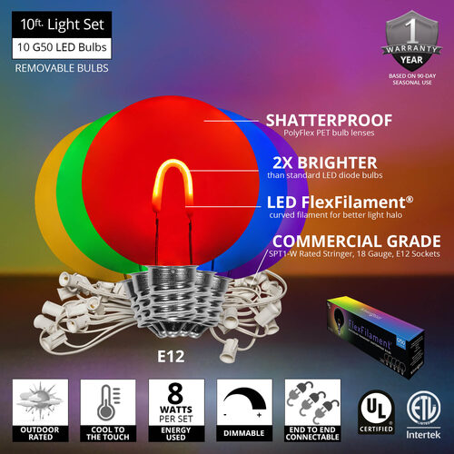 10' Multicolor FlexFilament Shatterproof LED Patio String Light Set with 10 G50 Bulbs on White Wire, E12 Base