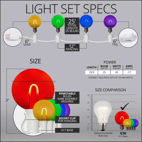 25' Multicolor FlexFilament TM Shatterproof LED Patio String Light Set with 25 G50 Bulbs on White Wire, E17 Base