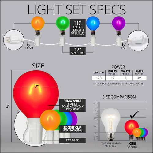 10' Multicolor FlexFilament TM Satin LED Patio String Light Set with 10 G50 Bulbs on White Wire, E17 Base
