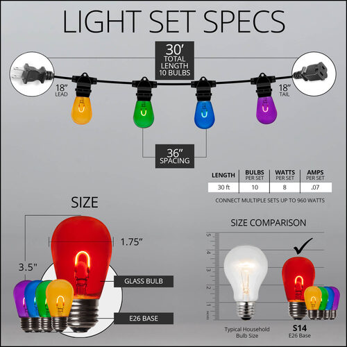 30' Multicolor FlexFilament TM LED Patio String Light Set with 10 S14 Bulbs on Black Wire