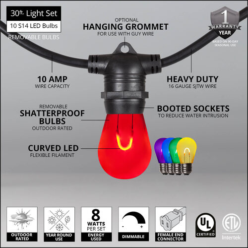 30' Multicolor FlexFilament Acrylic LED Patio String Light Set with 10 S14 Bulbs on Black Wire