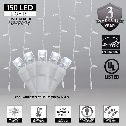  LED Curtain Lights, 150 Cool White 5mm Lights on White Wire