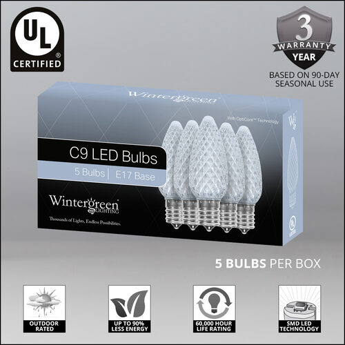 C9 Cool White OptiCore LED Bulbs, 5-Pack
