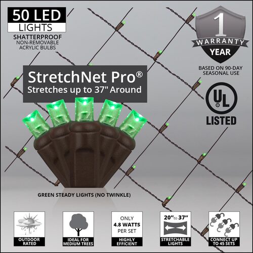 20" x 45" Green StretchNet Pro 5mm LED Christmas Trunk Wrap Lights, 50 Lights on Brown Wire