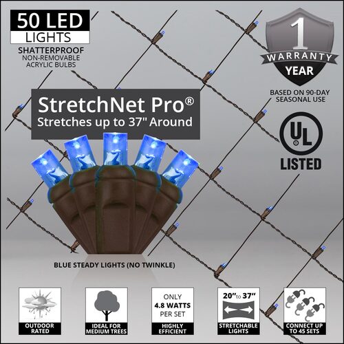 20" x 45" Blue StretchNet Pro 5mm LED Christmas Trunk Wrap Lights, 50 Lights on Brown Wire