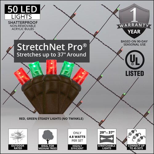 20" x 45" Red, Green StretchNet Pro 5mm LED Christmas Trunk Wrap Lights, 50 Lights on Brown Wire
