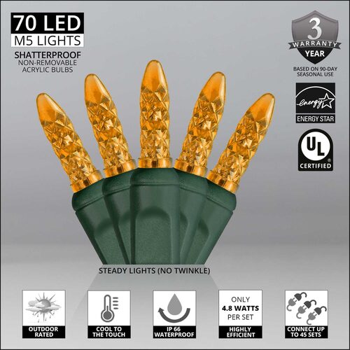 70 M5 Amber LED Lights, Green Wire, 4" Spacing