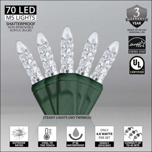 70 M5 Cool White LED Lights, Green Wire, 4" Spacing
