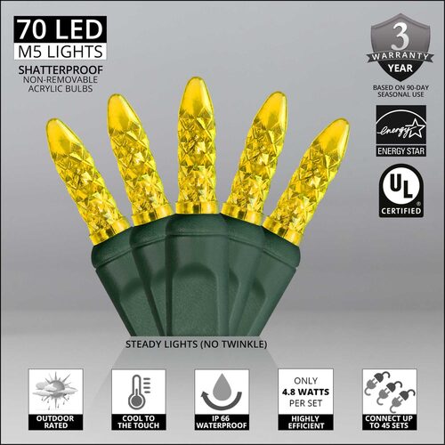70 M5 Gold LED Lights, Green Wire, 4" Spacing