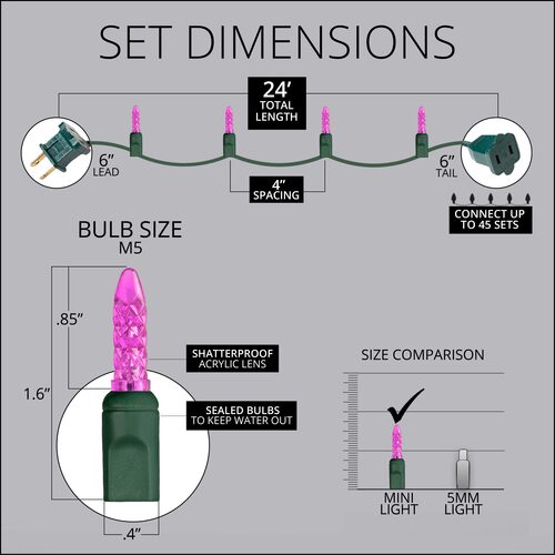 70 M5 Pink LED Lights, Green Wire, 4" Spacing