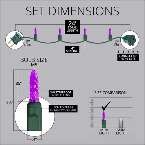 70 M5 Purple LED Lights, Green Wire, 4" Spacing