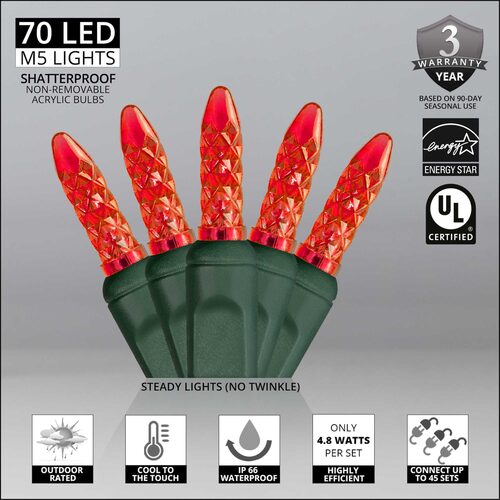 70 M5 Red LED Lights, Green Wire, 4" Spacing