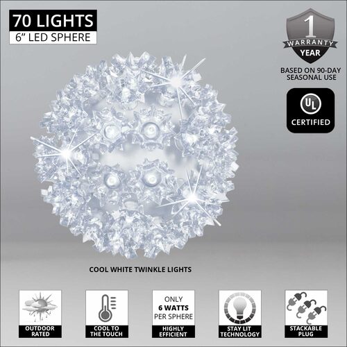 6" Cool White LED Twinkle Starlight Sphere, 70 Lights