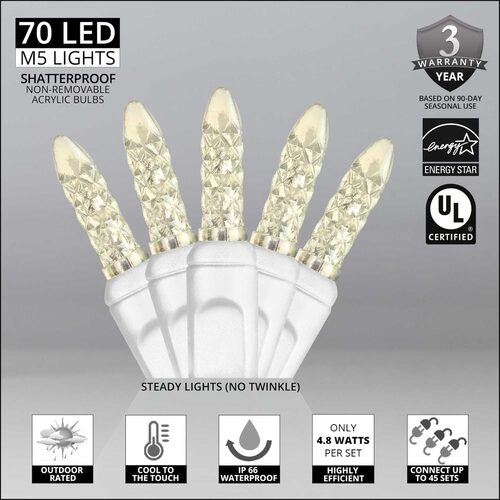 70 M5 Warm White LED Lights, White Wire, 4" Spacing
