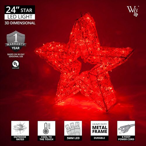 24" Wintergreen Lighting LED Five Point Dimensional Star, Red Lights