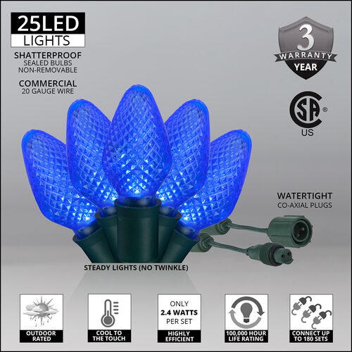 25 C7 Blue Commercial LED Lights, Green Wire, 6" Spacing