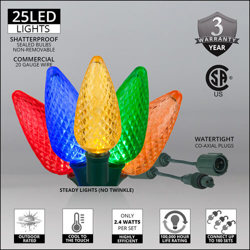 25 C9 Multi Color Commercial LED Lights, Green Wire, 12" Spacing