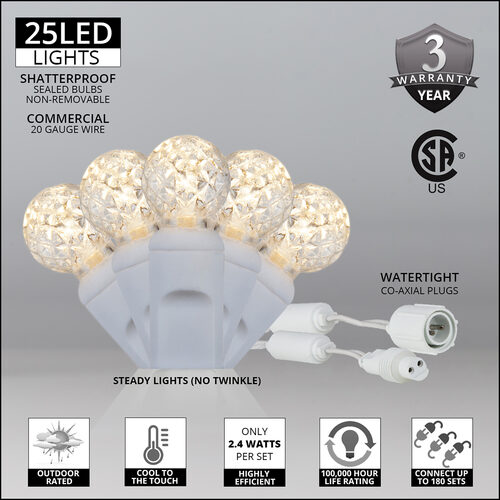 25 G12 Warm White Commercial LED String Lights, Lights, White Wire, 4" Spacing