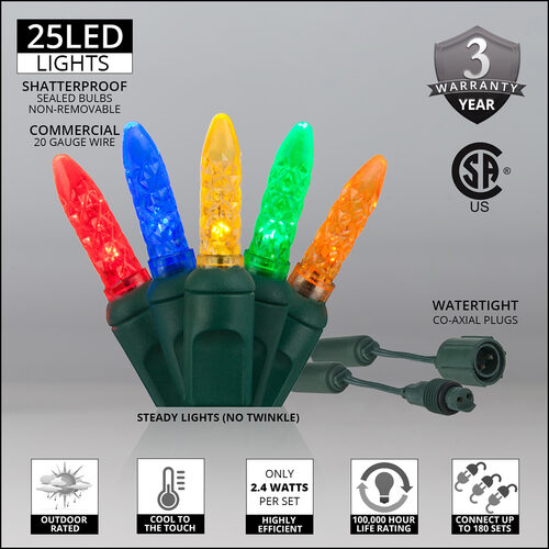 25 M5 Multi Color Commercial LED Lights, Green Wire, 4" Spacing