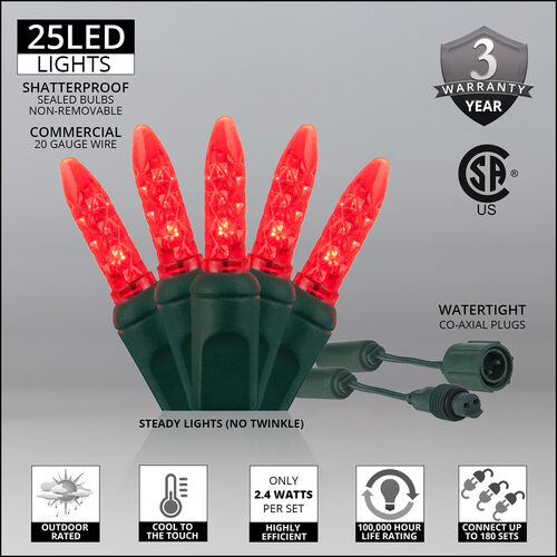 25 M5 Red Commercial LED Lights, Green Wire, 4" Spacing