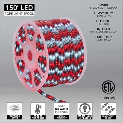 Cool White, Red LED Rope Light, 150 ft - Wintergreen Corporation