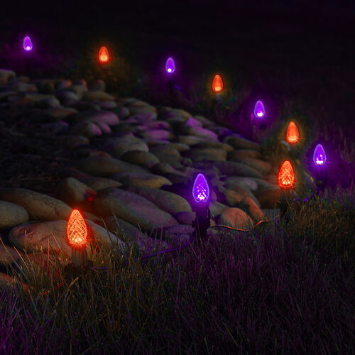 C7 Amber / Purple OptiCore Halloween LED Pathway Lights, 100 Lights, 4.5 Inch Stakes, 100'