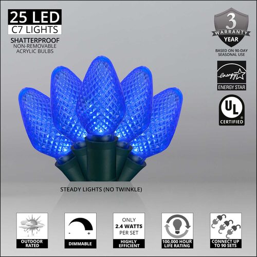 25 C7 Blue LED Christmas Lights, Green Wire, 8" Spacing