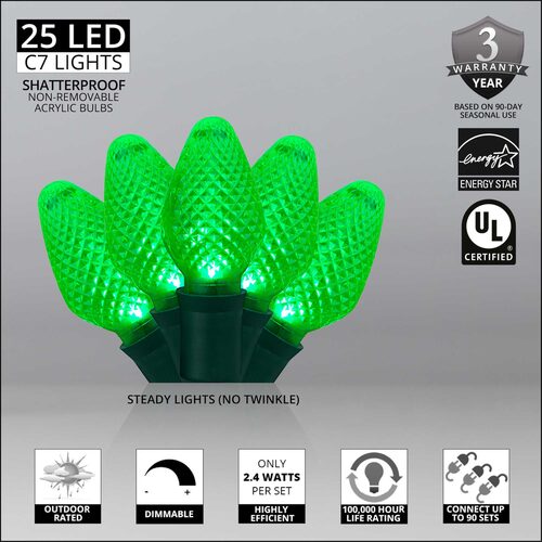 25 C7 Green LED Christmas Lights, Green Wire, 8" Spacing