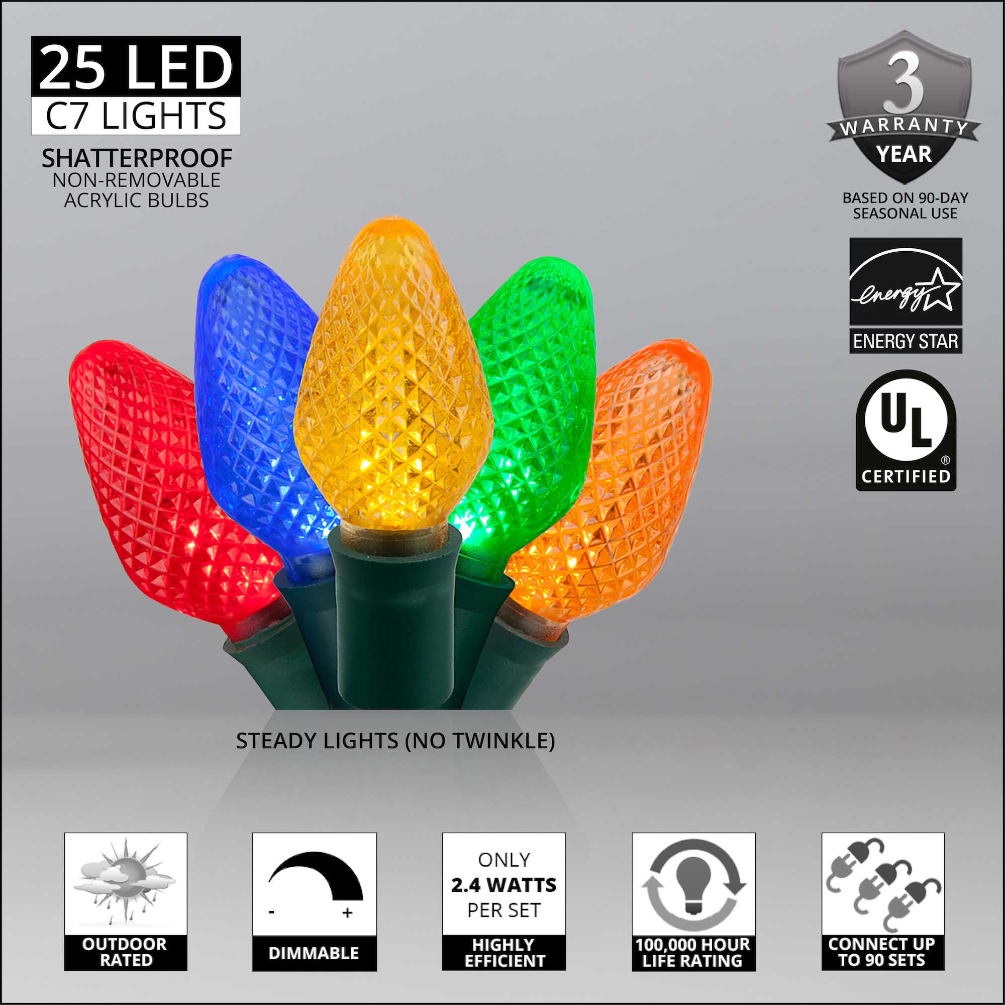 C7 Multi Color LED Christmas Lights on Green Wire - Wintergreen