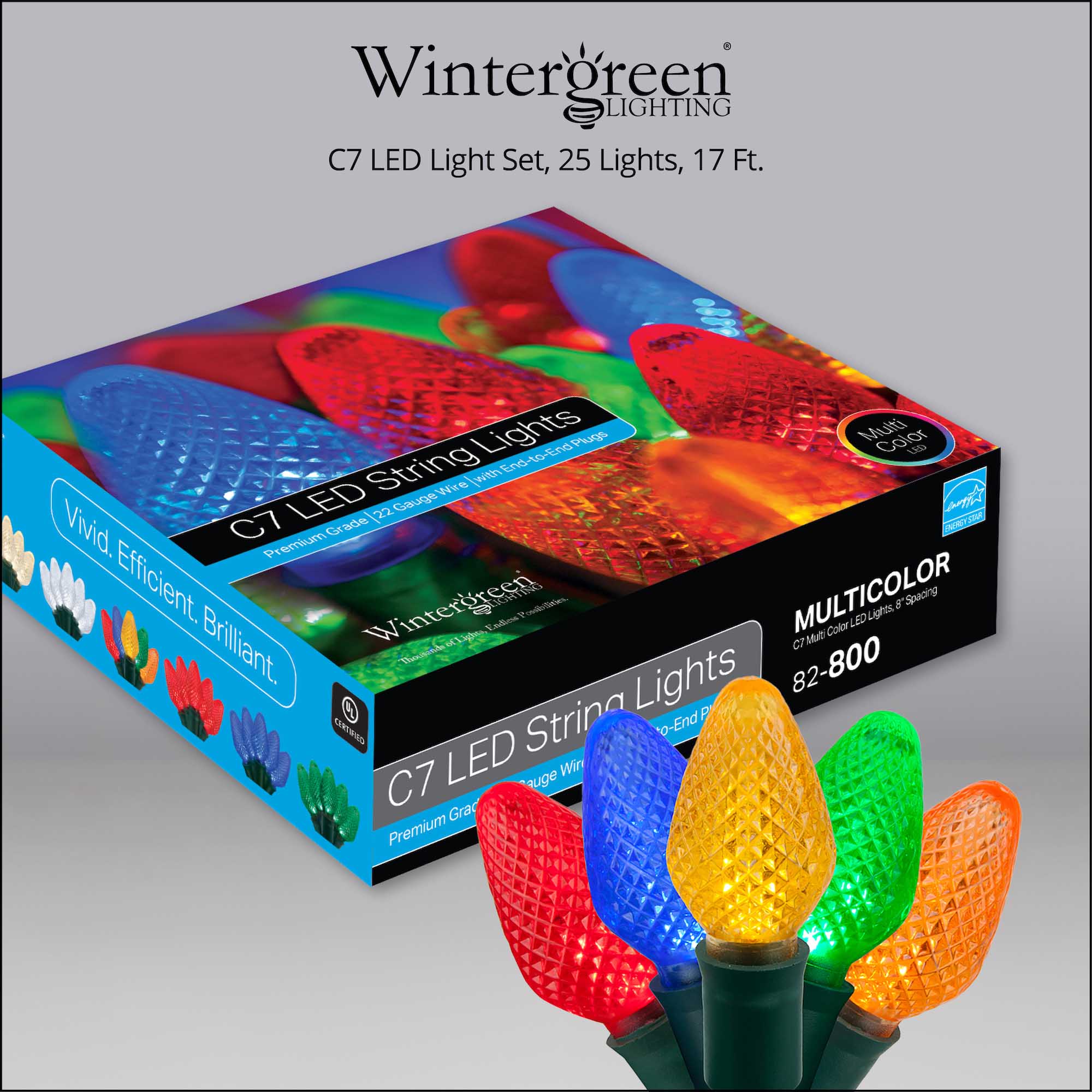 C7 Multi Color LED Christmas Lights on Green Wire - Wintergreen