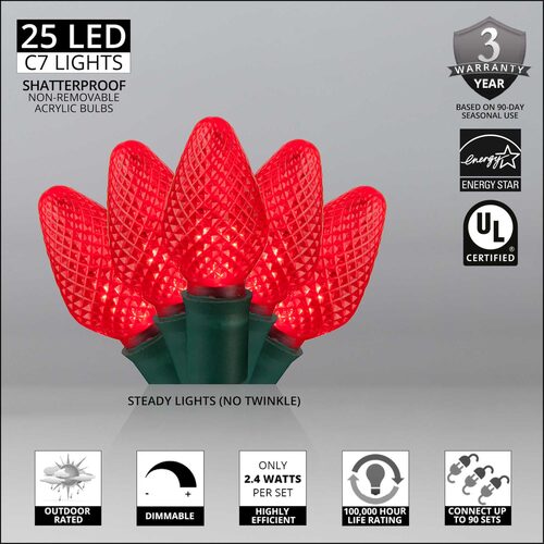 25 C7 Red LED Christmas Lights, Green Wire, 8" Spacing