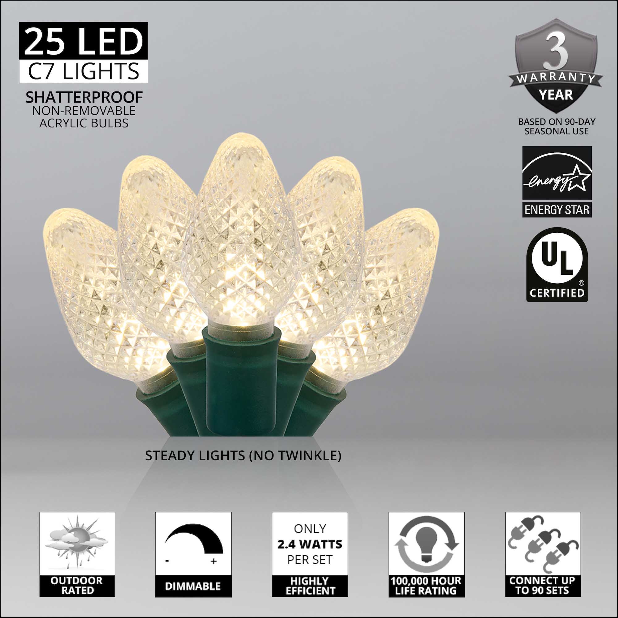 C7 Warm White LED Christmas Lights on Green Wire - Wintergreen