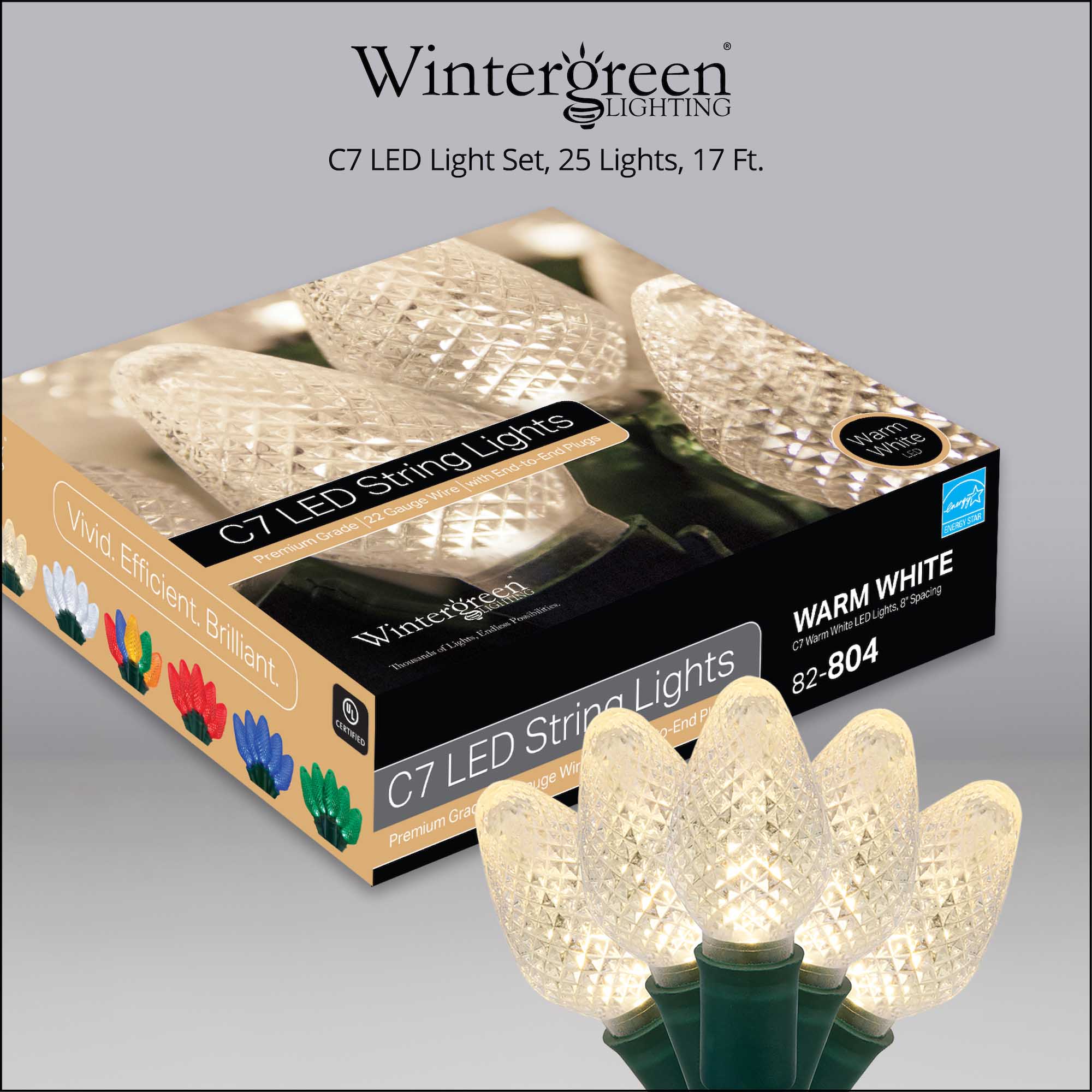 C7 Warm White LED Christmas Lights on Green Wire - Wintergreen