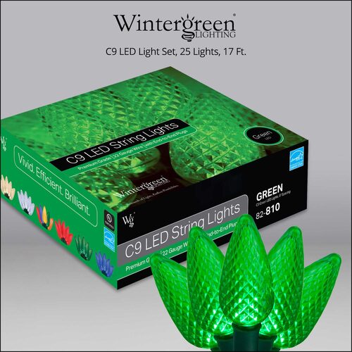 25 C9 Green LED Christmas Lights, Green Wire, 8" Spacing