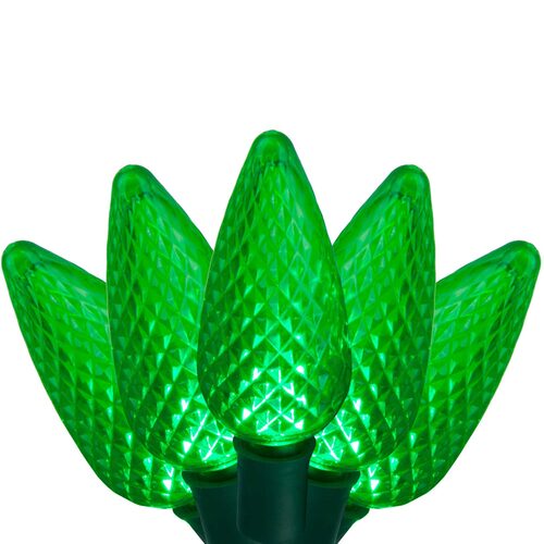 25 C9 Green LED Christmas Lights, Green Wire, 8" Spacing
