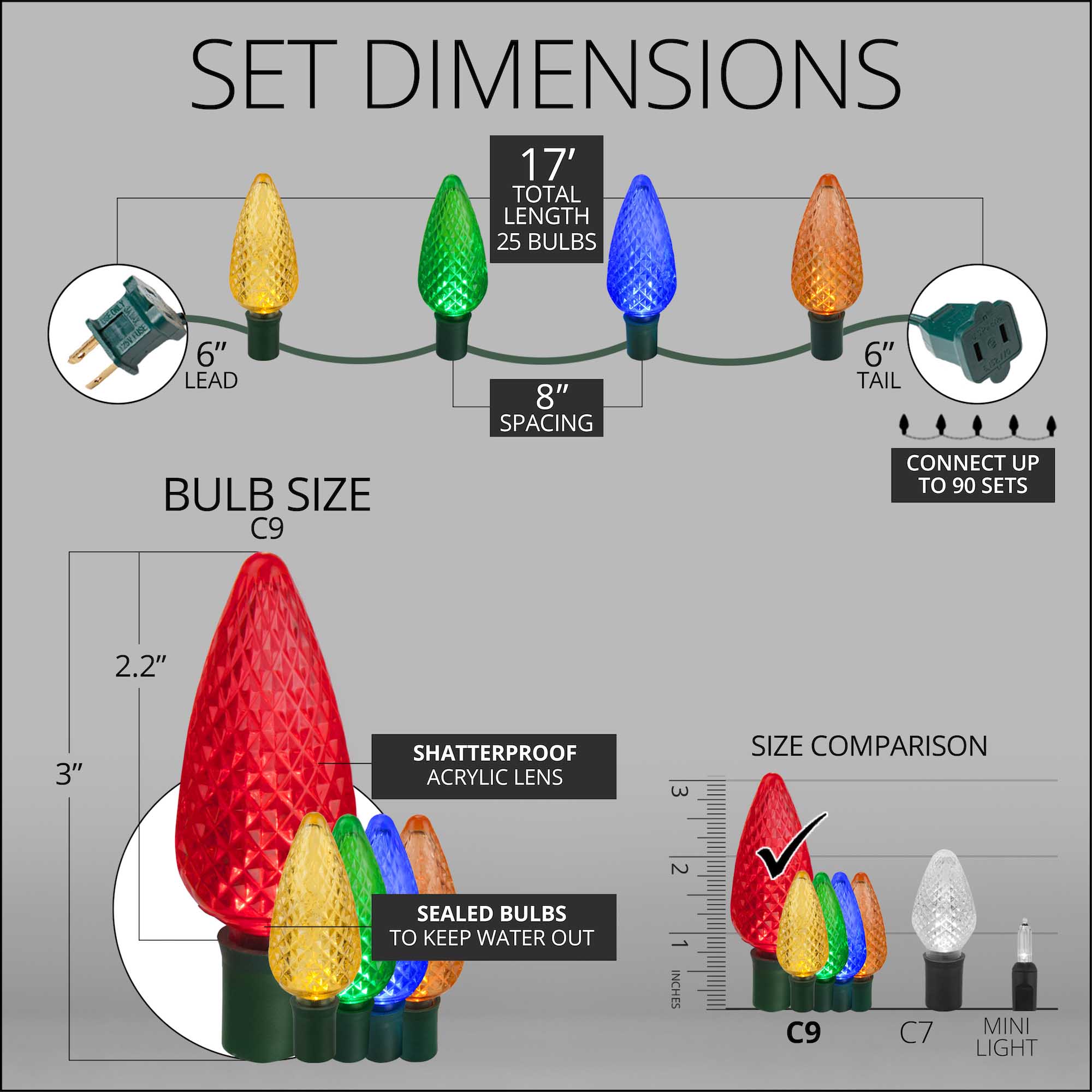 C9 Multi Color LED Christmas Lights on Green Wire Wintergreen