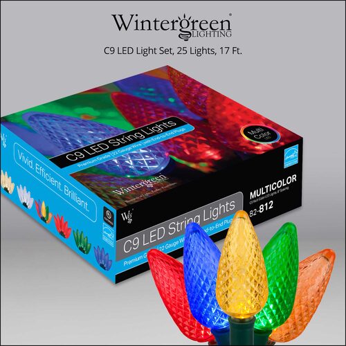 25 C9 Multi Color LED Christmas Lights, Green Wire, 8" Spacing
